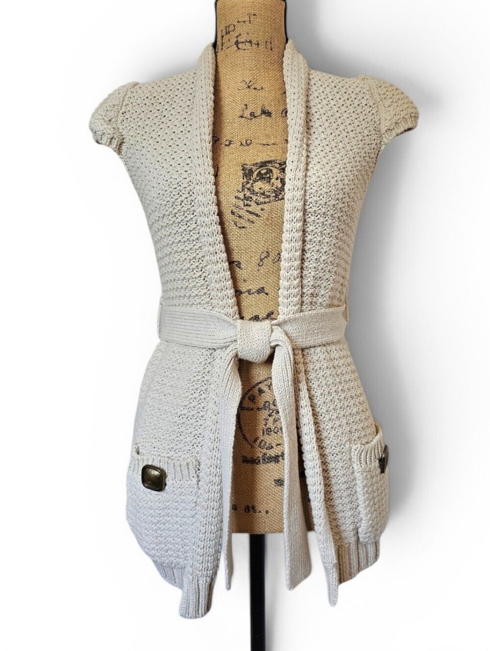 American Rag Cream Knit Short-Sleeve Belted Knit Cardigan Front Pockets, Size XS